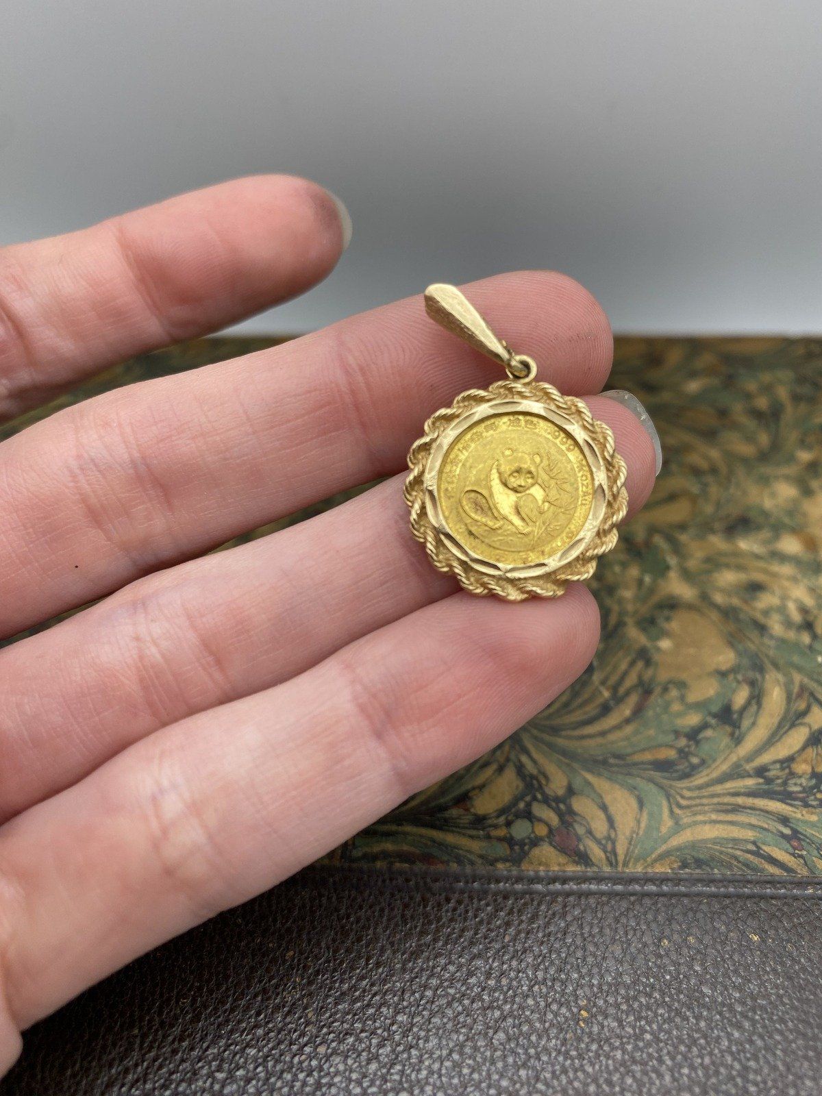 14k Gold Bezel Set 1/20th 999 c.1988 Chinese Gold Panda Coin Pendant 3