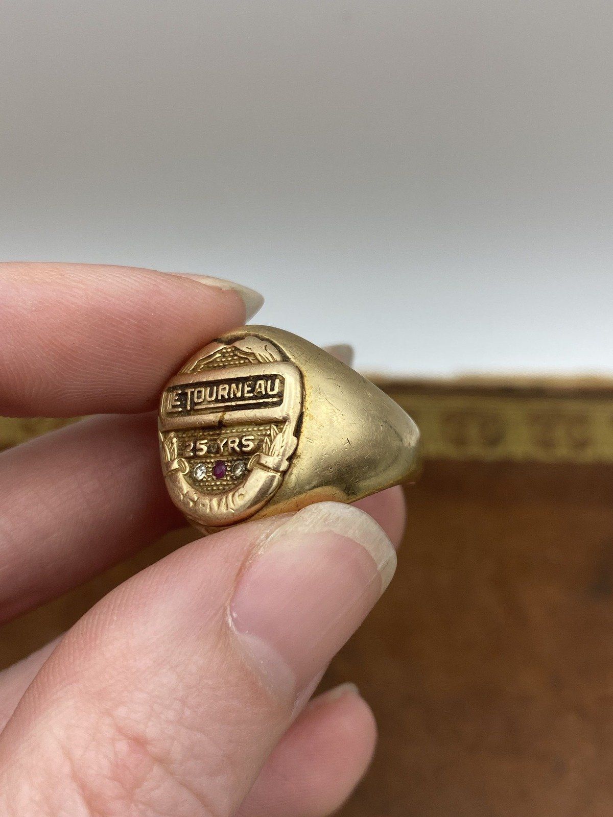 Antique 14k Gold Le Tourneau 25 Years of Service Weighty Signet Class Ring w Ruby + Diamond Accents 8