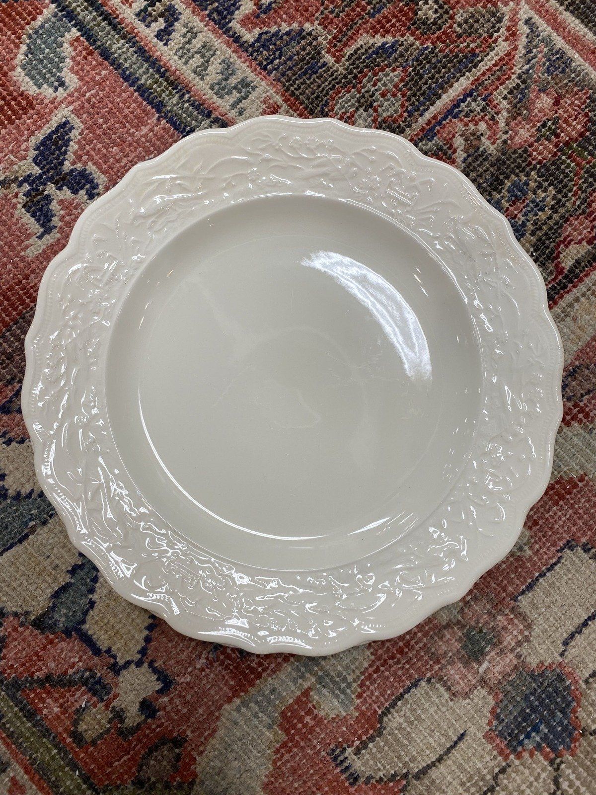 Pair of Antique White Glazed Ceramic Bird Motif Dinner Plates