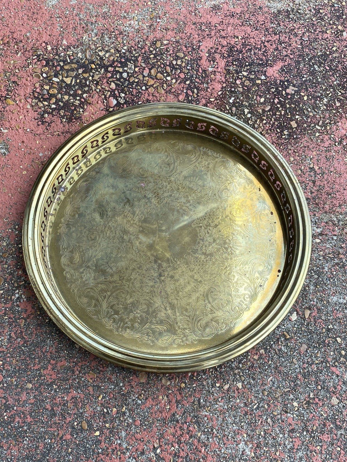 Circular Etched Brass Vintage Serving Tray w Reticulated Edge
