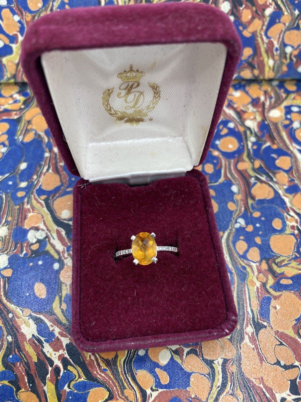Classic 10k White Gold Brioletted Citrine + Diamond Shoulder Ring 2