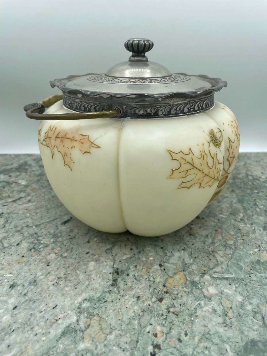 Large Gourd Shaped Wave Crest Biscuit Barrel w Acorn + Leaf Gilt Painted Motif 3