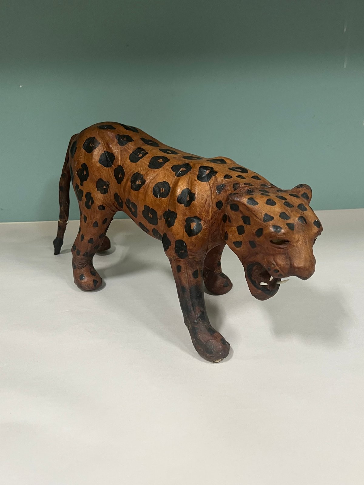 Vintage Leather-Wrapped Leopard Sculpture 15" Decorative Figure
