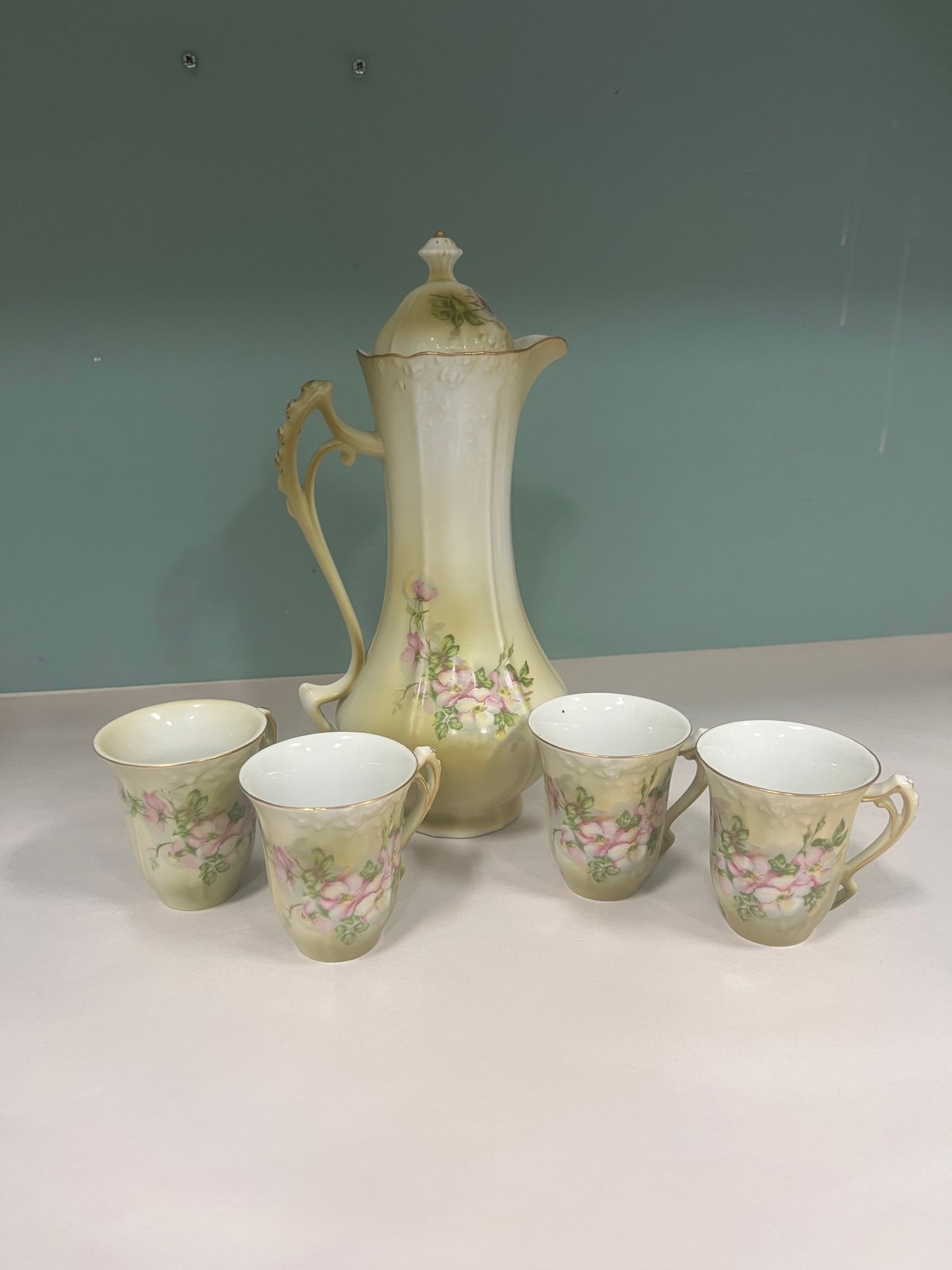Antique Porcelain Chocolate Pot Set with 4 Cups Pink Floral