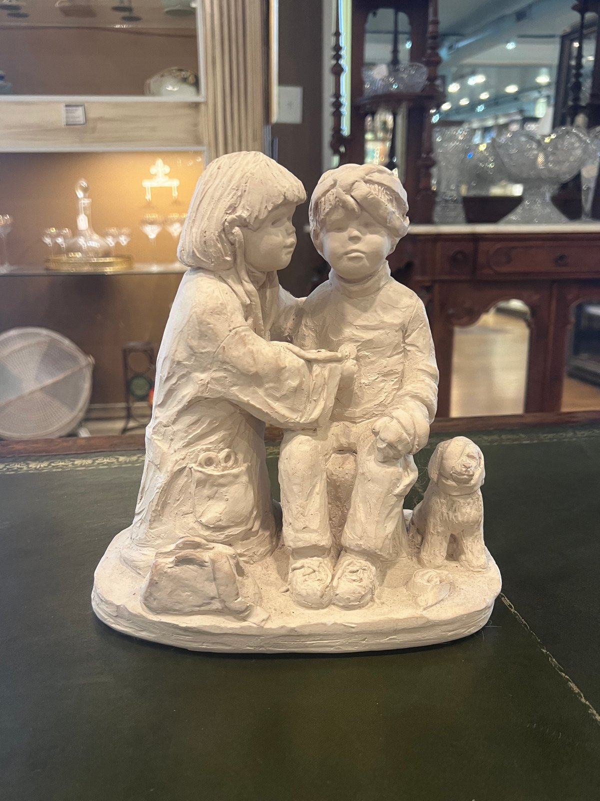 Austin Sculpture 1992 White Plaster Children & Dog Figurine