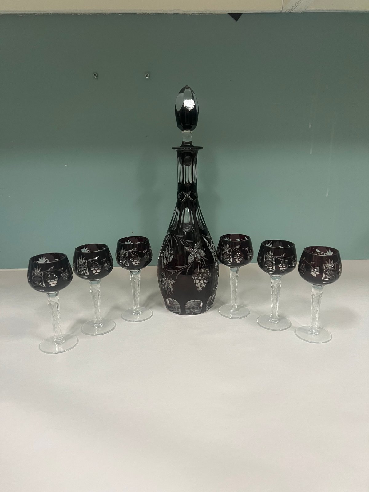 Bohemian Cut-to-Clear Crystal Decanter Set with 6 Wine Glasses Grape Motif