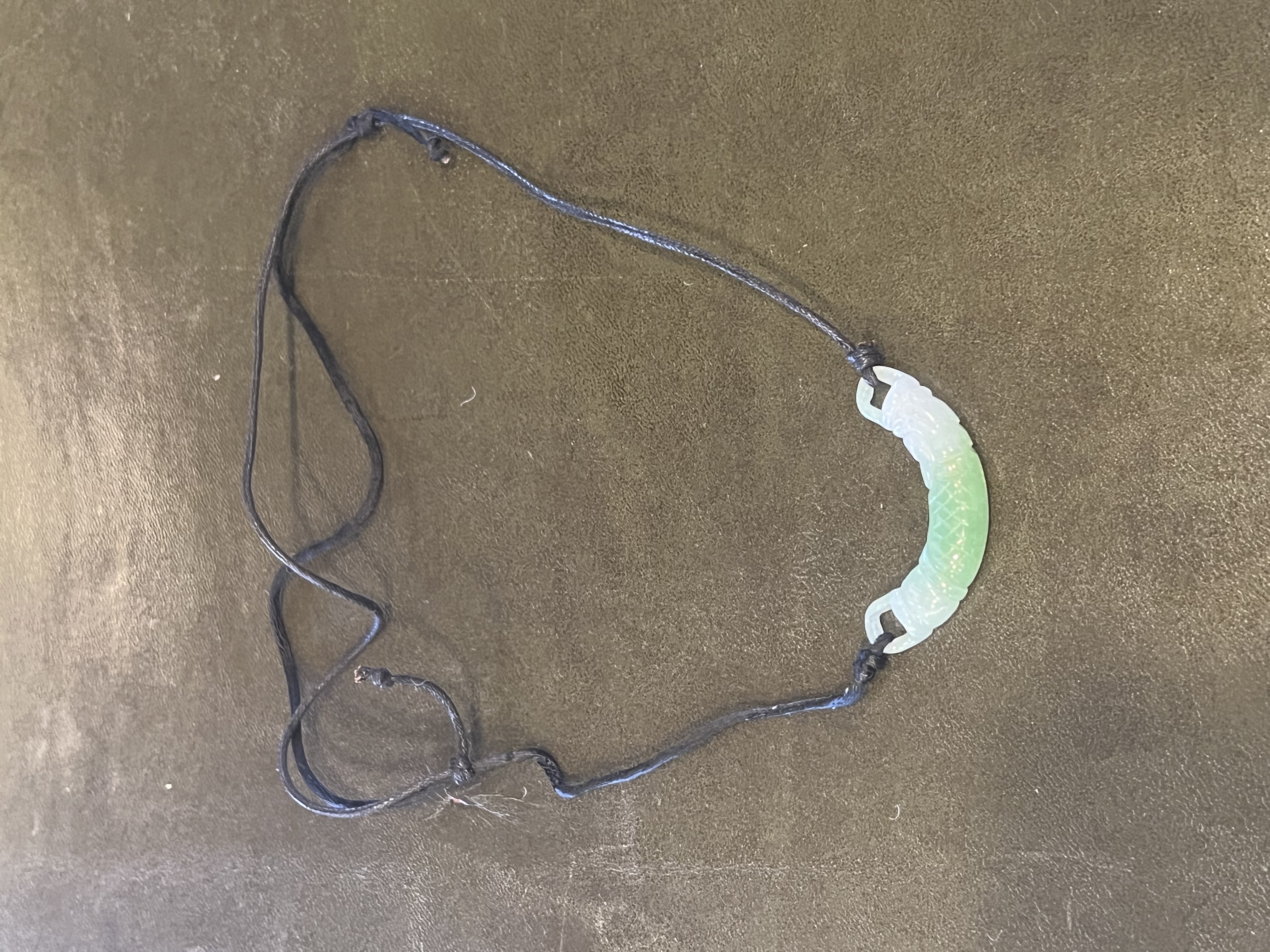 Carved Green Jade Crescent Pendant Necklace on Black Cord