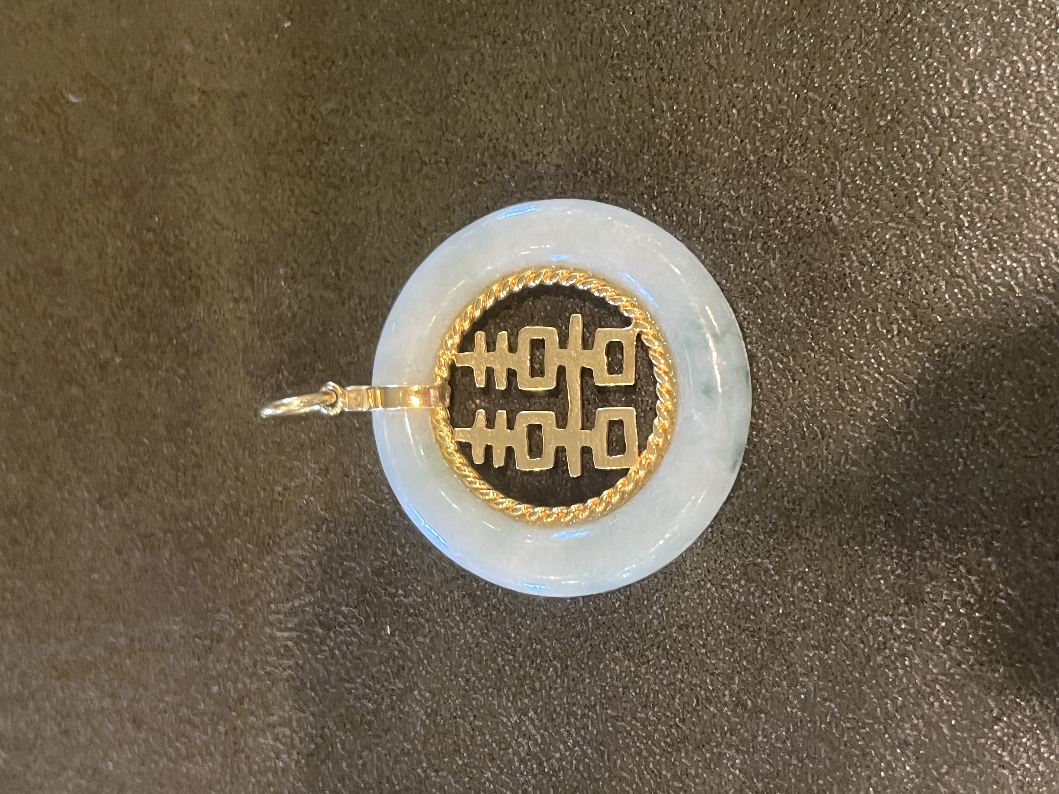 Chinese Double Happiness Jade Disc Pendant Gold-Tone Metal