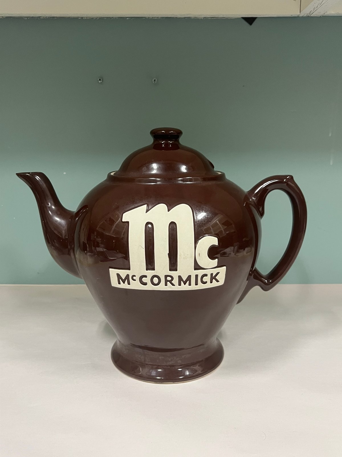 McCormick Hall Brown Ceramic Advertising Teapot 12" Tall Vintage