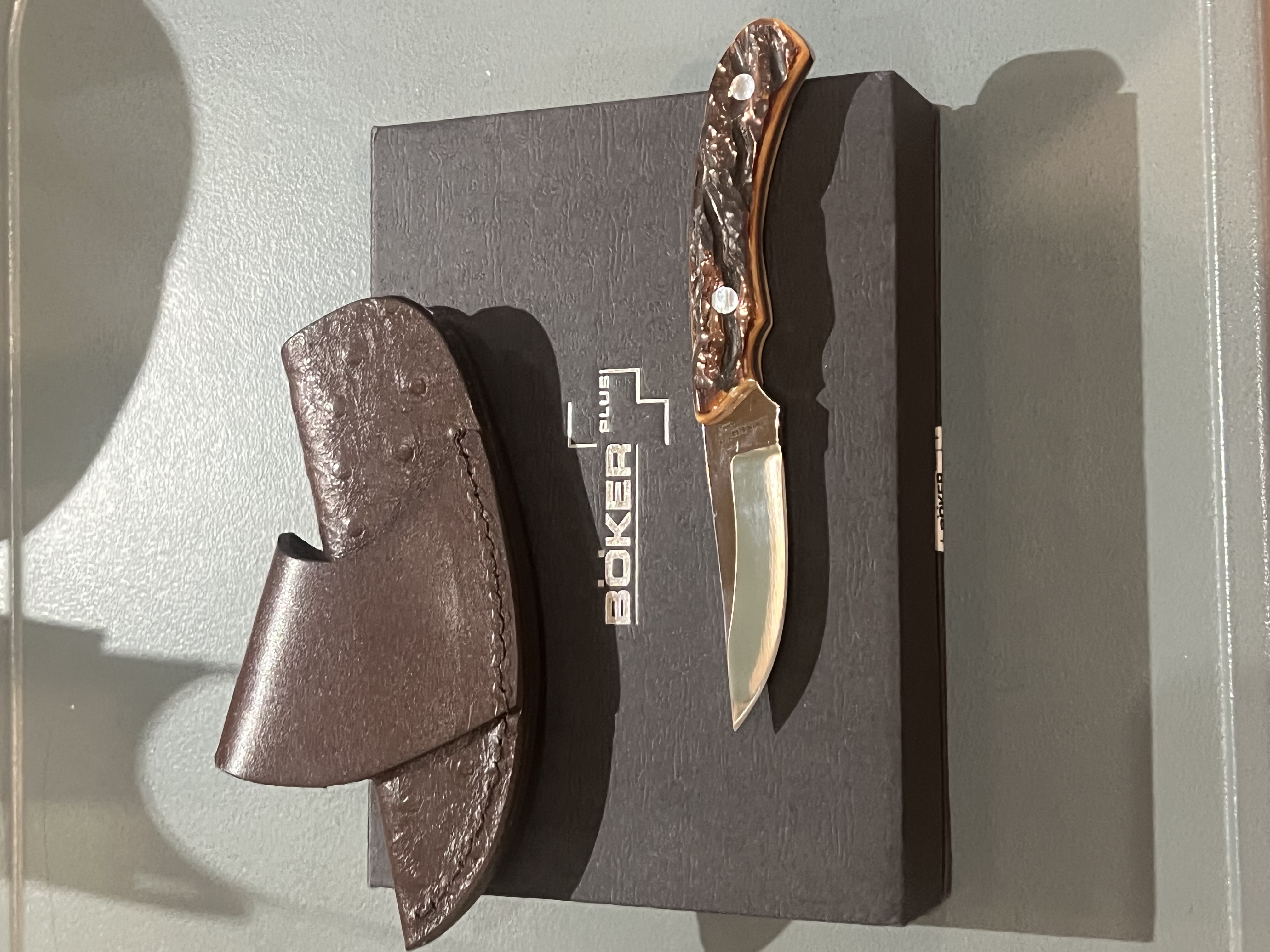 Böker Plus Fixed Blade Knife with Stag Handle and Leather Sheath