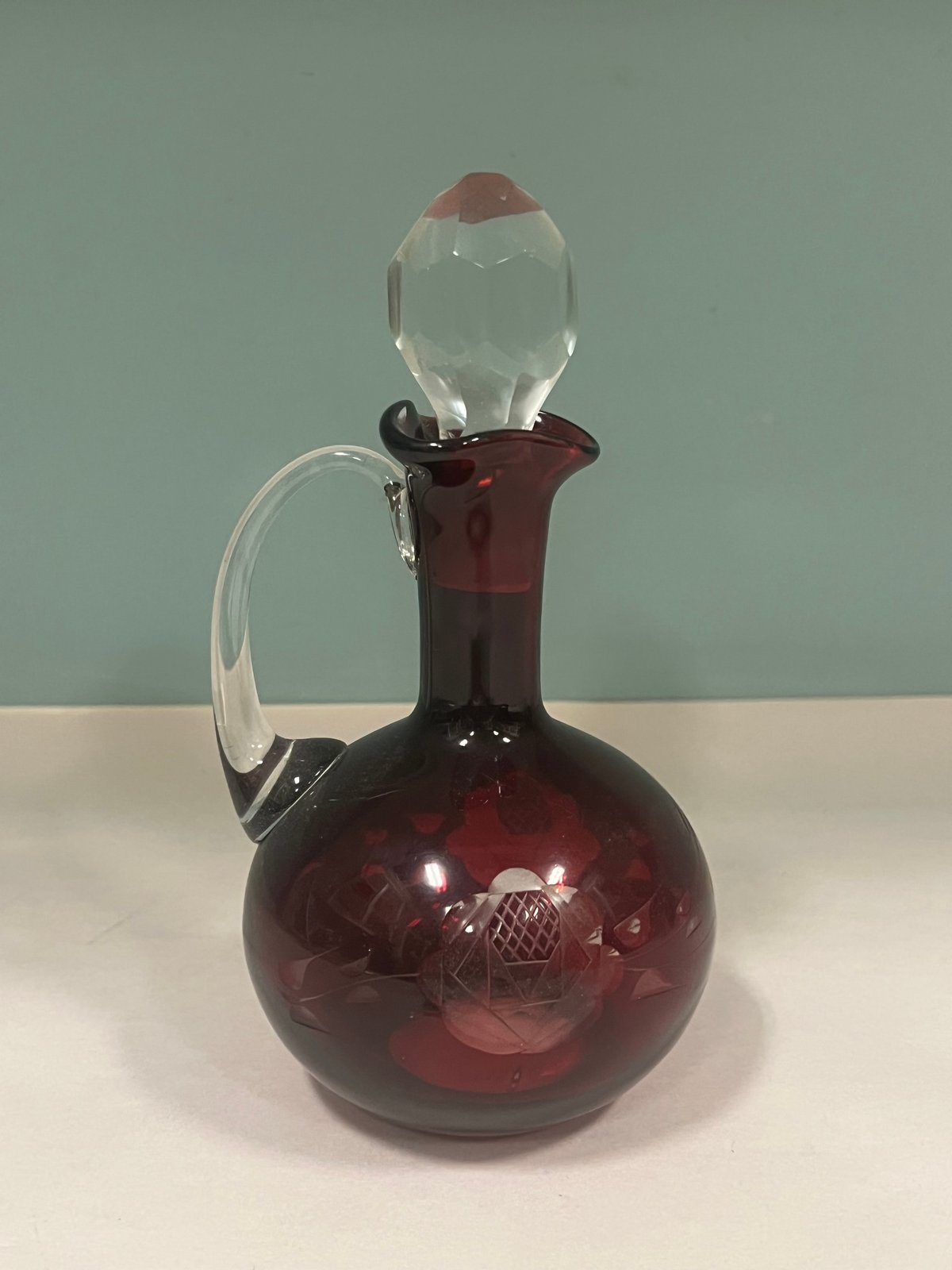 Ruby Red Cut-to-Clear Glass Decanter with Faceted Stopper