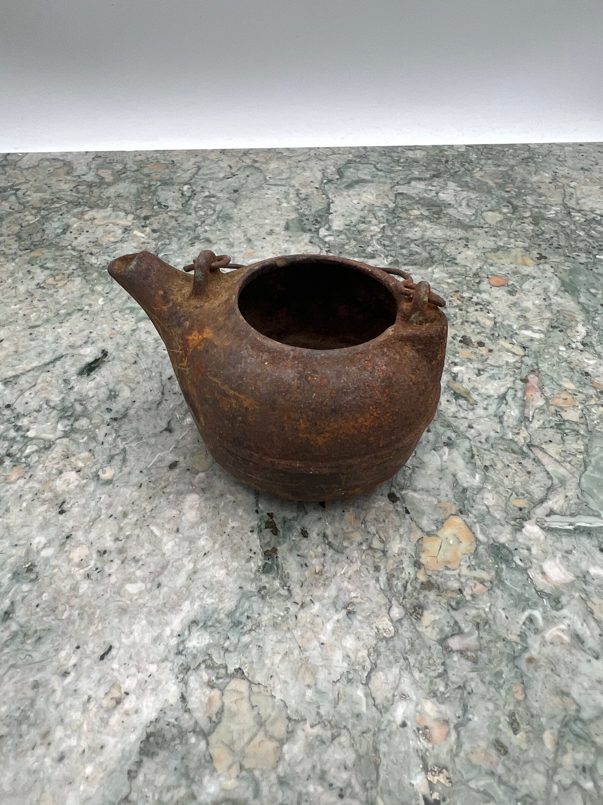 Mini Antique Cast Iron Kettle with Spout and Handle Loops