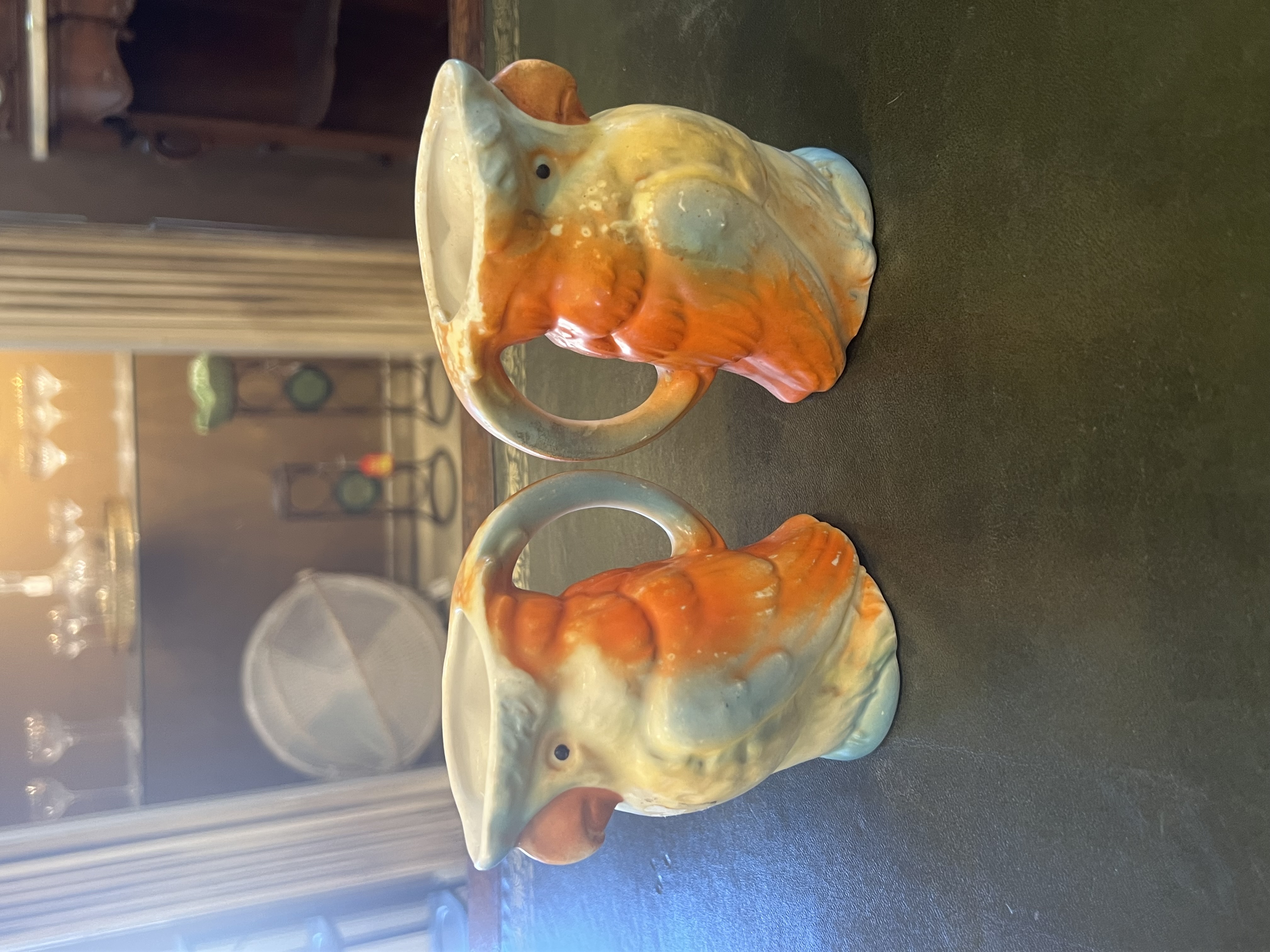 Pair of Majolica-Style Cockatoo Parrot Ceramic Pitchers Vintage