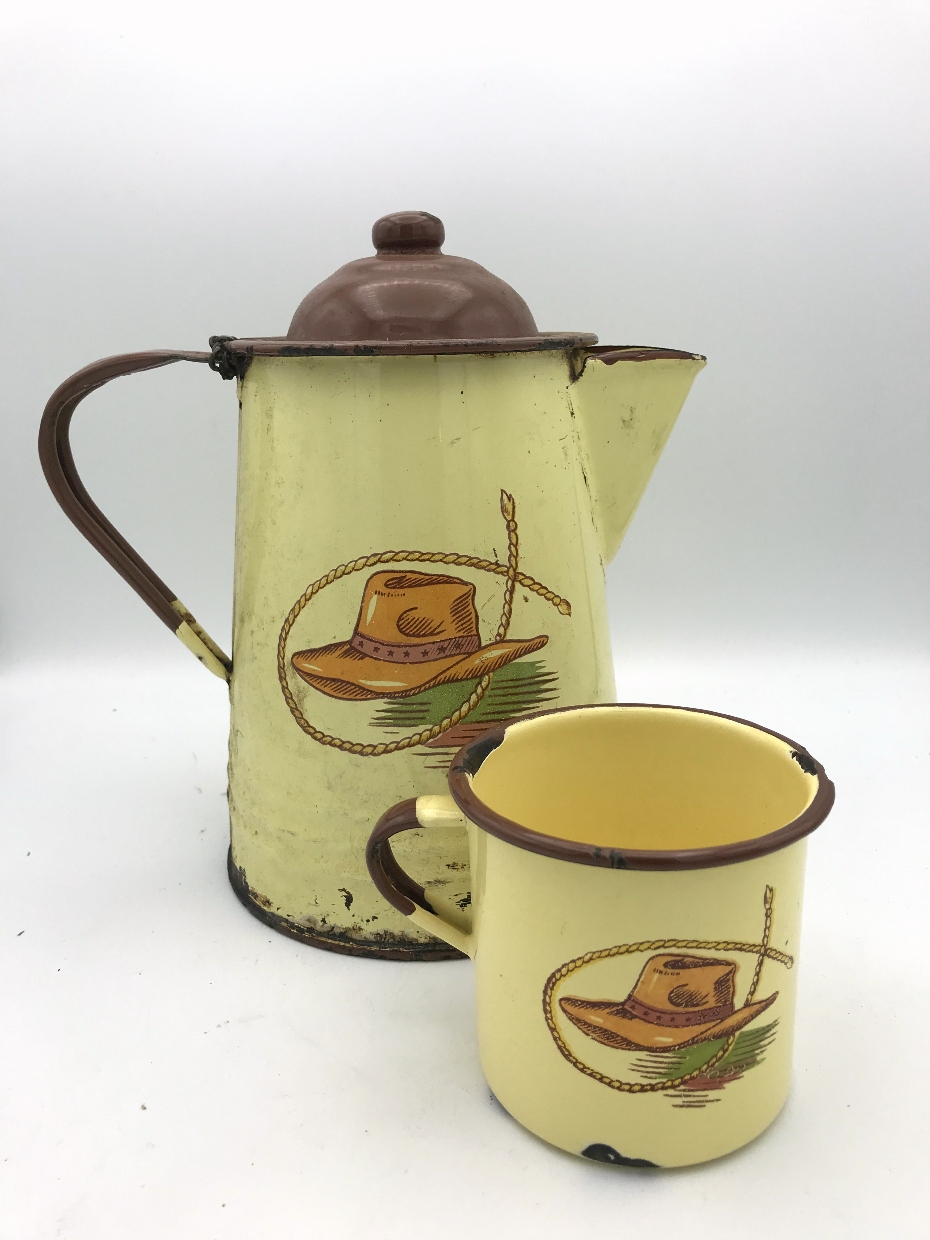 Vintage Enamel Ware Cowboy Coffee Pot 