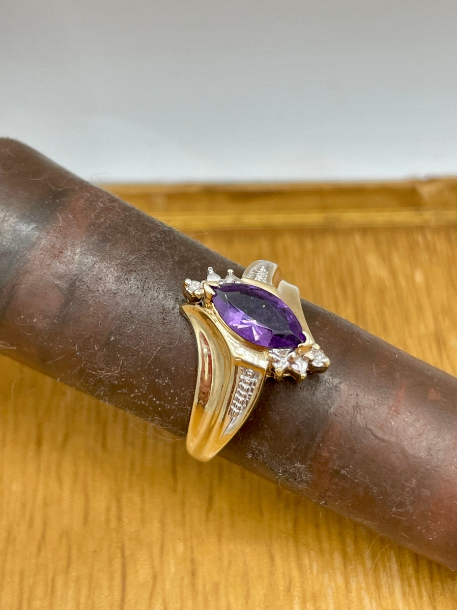 14k Gold Marquise Amethyst Ring w Wave Shoulders + Diamond Accents ...